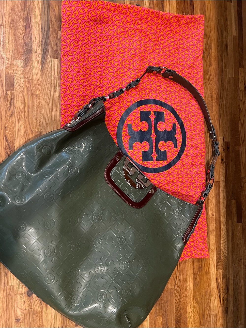 Tory Burch Olive Embossed Leather Shoulder Bag with Dark Brown Trim